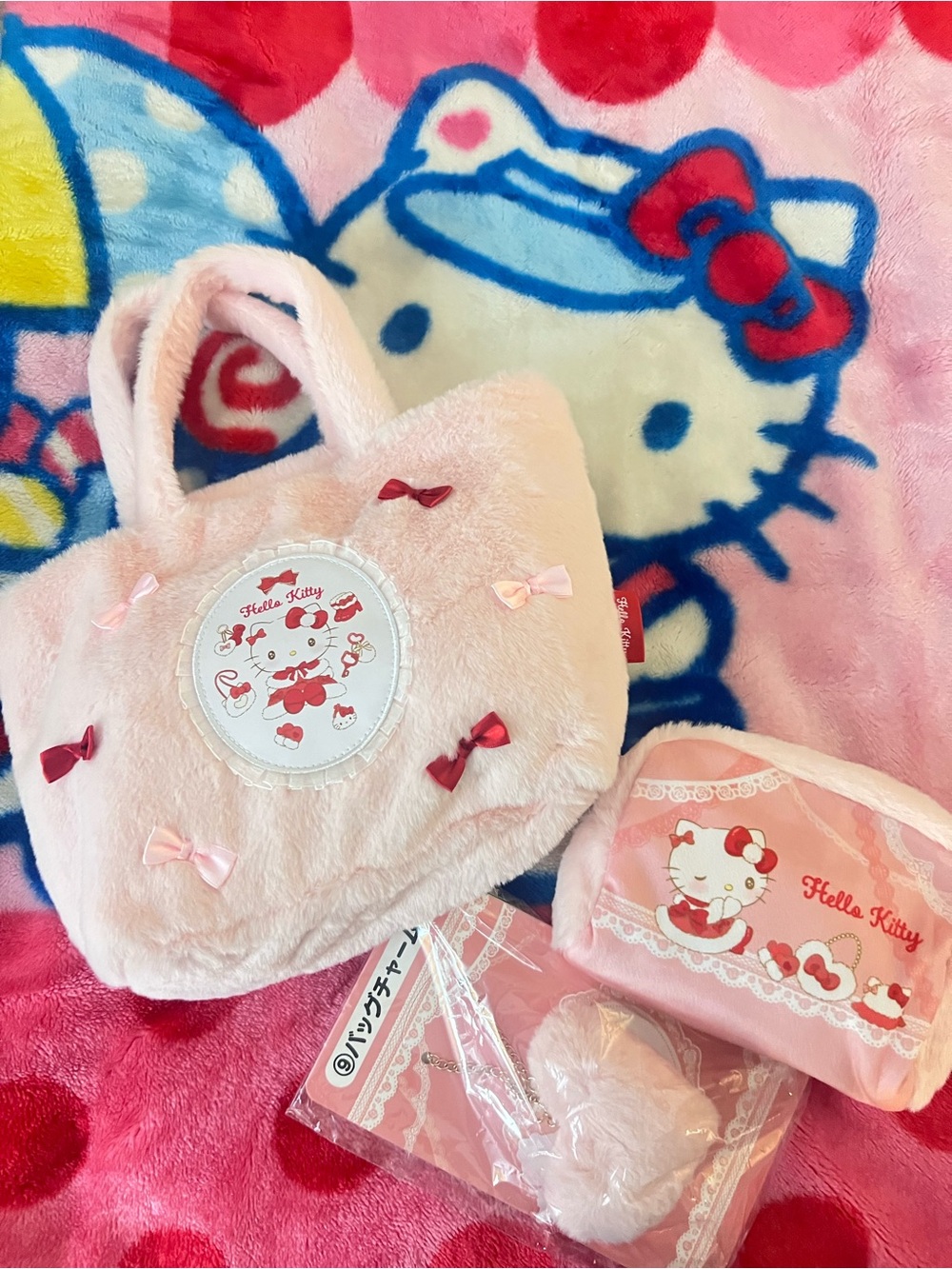 Hello Kitty Pink Plush Bow Handbag and Matching Pouch Set and Dangler